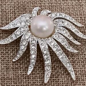 TARA Signed Rhinestone & Faux Pearl Brooch & Clip Earrings MCM